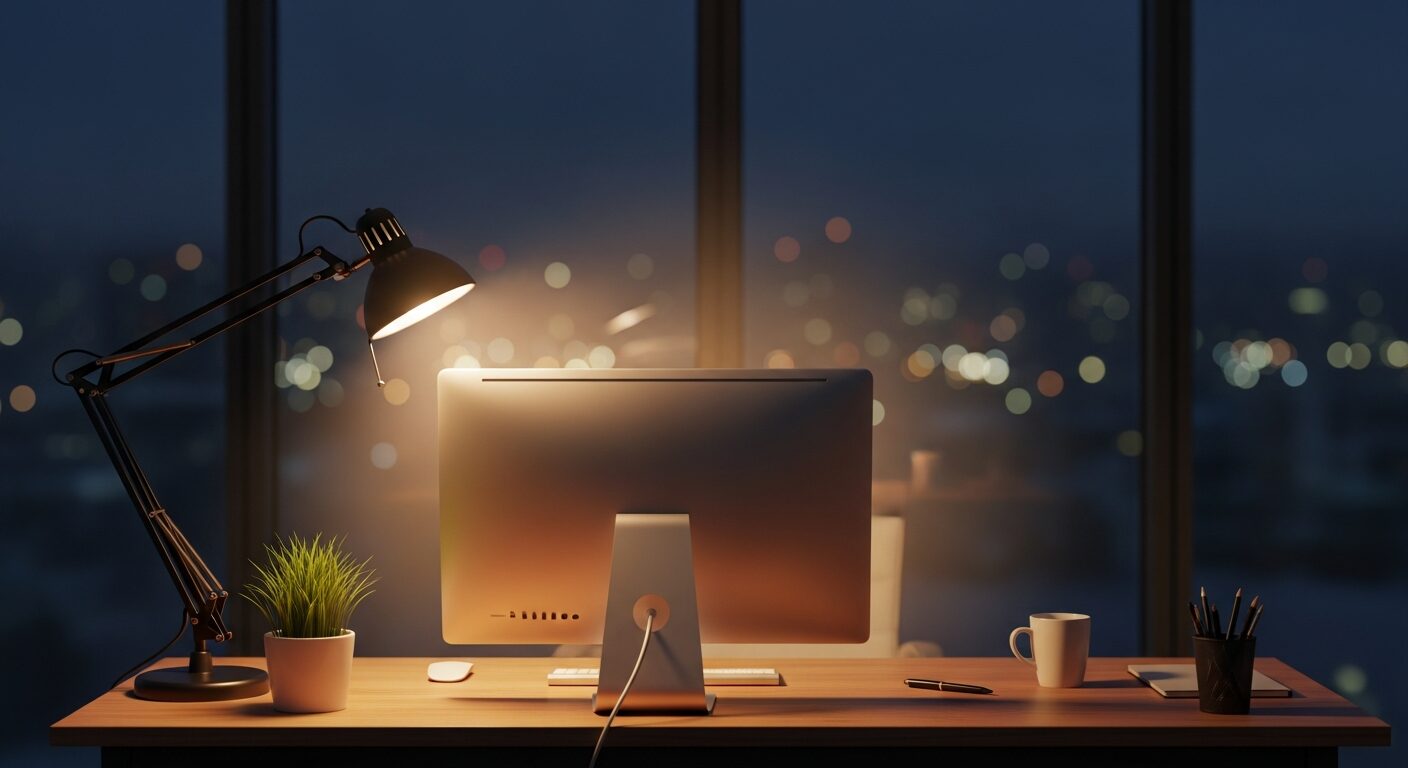 Leasing office desk glowing after hours, work continuing around the clock